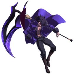 Rule 34 | 1boy, abs, black hair, boots, dark skin, dark-skinned male, french-bread, full body, glowing, glowing eye, gordeau, highres, huge weapon, jacket, knee boots, male focus, official art, open clothes, open jacket, purple eyes, scythe, solo, spiked hair, transparent background, under night in-birth, weapon, white background, yoshihara seiichi