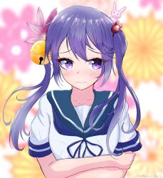 Rule 34 | 1girl, absurdres, akebono (kancolle), alternate hairstyle, animal, animal on head, bell, blue sailor collar, blurry, blurry background, crossed arms, embarrassed, floral background, flower, hair bell, hair flower, hair ornament, highres, jingle bell, kantai collection, long hair, on head, purple eyes, purple hair, rabbit, rabbit on head, sailor collar, sailor shirt, school uniform, serafuku, shirt, solo, twintails day, upper body, white shirt, yoko hata