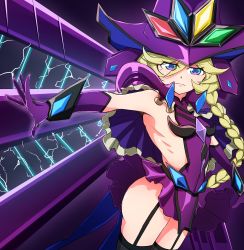 Rule 34 | 1girl, absurdres, ass, blue eyes, blush, braid, braided ponytail, carol malus dienheim, closed mouth, clothing cutout, electricity, garter straps, hat, highres, long hair, looking at viewer, microskirt, mole, mole under eye, ribs, senki zesshou symphogear, shiny skin, side cutout, sideless outfit, skirt, solo, thighhighs, user kaph7525