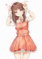 Rule 34 | 1girl, absurdres, arms up, artist name, belt, bow, breasts, brown hair, collared shirt, commentary, double v, frilled shirt, frills, grayfox, hair bow, heart, highres, ichii maina, long hair, looking at viewer, medium breasts, necktie, oshi ga budoukan itte kuretara shinu, parted lips, pink bow, pink necktie, pink shirt, pink skirt, purple eyes, shirt, short sleeves, simple background, skirt, skirt set, solo, two side up, v, white shirt, wrist cuffs