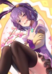 Rule 34 | 1girl, adapted costume, ahoge, animal ears, bernadetta von varley, black thighhighs, blush, branch, breasts, cleavage, commentary, crossed arms, easter egg, egg, elbow gloves, embarrassed, fake animal ears, fire emblem, fire emblem: three houses, flower, frilled skirt, frills, gloves, hair between eyes, hairband, leotard, looking at viewer, miniskirt, nintendo, open mouth, panda inu, pink skirt, playboy bunny, purple eyes, purple hair, rabbit ears, short hair, sitting, skirt, small breasts, solo, sweat, sweatdrop, tears, thighhighs, thighs, wrist cuffs, yellow gloves