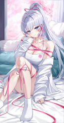 Rule 34 | 1girl, absurdres, ayaka (genshin impact), bare shoulders, blue eyes, blue hair, breasts, cleavage, genshin impact, grey hair, highres, indoors, large breasts, light blue hair, long hair, looking at viewer, lunacle, on bed, ponytail, sitting, solo