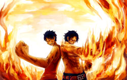 Rule 34 | 2boys, abs, back-to-back, bad id, bad pixiv id, belt, blue hair, brothers, brown hair, bruise, clenched hand, devil fruit, family, fiery background, fighting, fighting stance, fire, foreshortening, freckles, injury, male focus, monkey d. luffy, multiple boys, muscular, one piece, open mouth, pirate, portgas d. ace, scar, topless male, siblings, standing, tsuyomaru, vest
