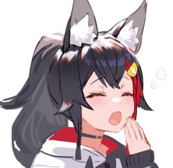 Rule 34 | 1girl, alternate costume, animal ear fluff, animal ears, black hair, blush, closed eyes, collar, commentary request, hololive, izumi sai, multicolored hair, official alternate costume, ookami mio, ookami mio (casual), open mouth, ponytail, red hair, simple background, streaked hair, two-tone hair, virtual youtuber, white background, wolf ears, yawning