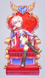 Rule 34 | 1boy, :p, boots, cape, ascot, dated, full body, gloves, happy birthday, highres, crossed legs, male focus, mikado nagi, pink hair, purple eyes, shorts, sitting, smile, solo, sparkle, throne, tongue, tongue out, uta no prince-sama, white gloves