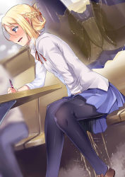 Rule 34 | 1girl, absurdres, bench, between legs, black pantyhose, blonde hair, blue eyes, blue skirt, blush, braid, breath, brown footwear, clenched hand, dutch angle, embarrassed, female focus, french braid, half-closed eyes, half updo, hand between legs, have to pee, highres, holding, indoors, knees together feet apart, long sleeves, multiple views, neck ribbon, nose blush, onsen mikan, open mouth, original, panties, panties under pantyhose, pantyhose, pee, peeing, peeing self, pen, pleated skirt, red ribbon, ribbon, school uniform, shiny clothes, shirt, shoes, sitting, skirt, sparkle, steam, sweat, table, tears, underwear, uniform, upskirt, wet, wet clothes, wet panties, white panties, white shirt