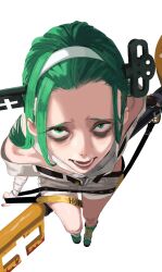 Rule 34 | 1girl, a.b.a, bags under eyes, bandaged chest, bandaged neck, bandages, bare shoulders, green eyes, green hair, guilty gear, guilty gear strive, hairband, highres, key, key in head, long hair, looking at viewer, object through head, pale skin, paracelsus (guilty gear), starhump, white hairband