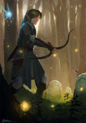Rule 34 | 1boy, blonde hair, blue eyes, bow (weapon), brown hair, fairy, forest, giacomo, light particles, link, nature, navi, nintendo, signature, the legend of zelda, the legend of zelda: ocarina of time, tree, weapon
