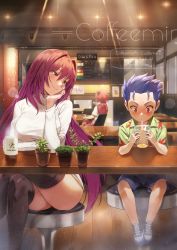 Rule 34 | 1boy, 1girl, age difference, aged down, astolfo (fate), black thighhighs, breasts, cafe, child, crossdressing, crossed legs, cu chulainn (fate), cu chulainn (fate/stay night), drinking, fate/grand order, fate (series), head rest, highres, large breasts, long hair, plant, purple hair, rainmaker, red eyes, ribbed sweater, scathach (fate), sitting, smile, stool, sweater, thighhighs, thighs, very long hair, white sweater