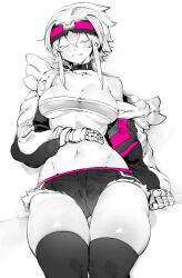 Rule 34 | 1girl, absurdres, black choker, black pants, breasts, choker, cleavage, clenched hand, collarbone, cropped jacket, goggles, goggles on head, greyscale, highres, light blush, long bangs, lying, medium breasts, midriff, monochrome, navel, niwamaru (niwarhythm), niwarhythm, off shoulder, on back, on bed, original, pants, shiny skin, short hair, short shorts, shorts, sleeping, solo, spot color, strapless, thick thighs, thighs, toned, torn clothes, torn pants, tube top, underboob