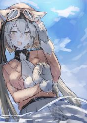 Rule 34 | absurdres, animal ears, aranagi (arng 4401), blazer, gloves, hat, highres, island fox (kemono friends), jacket, kemono friends, kemono friends v project, long hair, looking at viewer, necktie, open mouth, school uniform, shirt, shoes, silver hair, skirt, smile, solo, tail, twintails, virtual youtuber