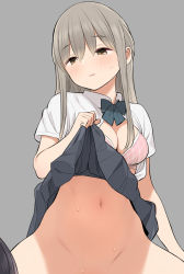 Rule 34 | 1girl, blush, bottomless, bra, breasts, brown eyes, cleavage, clothes lift, commentary request, grey background, highres, lifting own clothes, light brown hair, light smile, long hair, medium breasts, navel, nora higuma, open clothes, open shirt, original, out-of-frame censoring, parted lips, pink bra, school uniform, sidelocks, simple background, skirt, skirt lift, solo focus, sweat, underwear