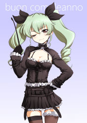 Rule 34 | 10s, 1girl, alternate costume, anchovy (girls und panzer), black thighhighs, blue background, blush, breasts, cleavage, drill hair, girls und panzer, gradient background, green hair, hair ornament, hair ribbon, happy birthday, highres, italian text, large breasts, looking at viewer, one eye closed, red eyes, ribbon, sakaki imasato, simple background, smile, solo, thighhighs, twintails