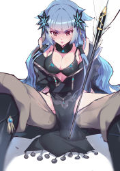 Rule 34 | 1girl, absurdres, arrow (projectile), blue hair, blunt bangs, breasts, ceda (dace), cleavage, highres, large breasts, lie mei (thunderbolt fantasy), long hair, red eyes, solo, spread legs, thunderbolt fantasy