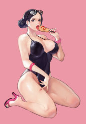 Rule 34 | 1girl, bare legs, black-framed eyewear, black hair, black one-piece swimsuit, blue eyes, blue nails, bobobong, bracelet, braid, braided bun, breasts, cleavage, collarbone, commentary, corn dog, covered navel, eating, eyelashes, eyewear on head, female focus, food, glasses, groin, hair bun, hair pulled back, high heels, highleg, highleg swimsuit, highres, holding, holding food, jewelry, ketchup, large breasts, legs, lips, lipstick, looking at viewer, makeup, nail polish, one-piece swimsuit, open mouth, original, pink background, pink footwear, red lips, red nails, saliva, sandals, short hair, simple background, sitting, solo, swimsuit, symbol-only commentary, thick thighs, thighs, toenail polish, toenails, tongue, tongue out, wariza, wet