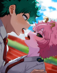 1boy 1girl after_kiss ashido_mina black_sclera blush boku_no_hero_academia cloud cloudy_sky collared_shirt colored_sclera colored_skin day eye_contact freckles green_eyes green_hair hetero highres horns kiss_focus looking_at_another midoriya_izuku necktie outdoors pink_skin red_necktie saliva saliva_trail school_uniform shirt short_hair sky sweat tongue tongue_out track_and_field u.a._school_uniform white_shirt yellow_horns zd_(pixiv6210083)