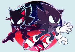 Rule 34 | 1boy, 1girl, animal ears, animal nose, aura, black fur, black hair, blaze the cat, blue background, blue eyes, blue fur, blue sclera, body fur, cat ears, cat girl, cat tail, chest jewel, colored sclera, dark persona, dark sonic, eye contact, full body, furry, furry female, furry male, gloves, highres, jumping, long hair, looking at another, looking to the side, no mouth, prototype blaze, purple fur, purple hair, red footwear, round image, shoes, socks, sonic (series), sonic the hedgehog, sonic x, spiked hair, stellarspin, symmetry, tail, white gloves, white legwear