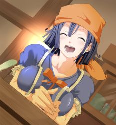 Rule 34 | 1girl, :d, apron, bandana, blue hair, blush, bow, breasts, counter, dragon quest, dragon quest ix, dutch angle, closed eyes, large breasts, level-5, open mouth, rikka (dq9), shio satou, short hair, smile, solo