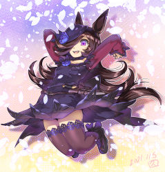 Rule 34 | 1girl, animal ears, arms up, bow, brown hair, commentary, dagger, dated, dress, flower, hair over one eye, hat, hat flower, highres, hisahiko, horse ears, horse girl, jumping, knife, lace, lace-trimmed dress, lace-trimmed legwear, lace trim, legs up, long hair, long sleeves, name connection, object namesake, open mouth, petals, purple eyes, rice, rice shower (umamusume), rose, shaded face, sheath, sheathed, shoes, signature, smile, solo, thighhighs, umamusume, weapon