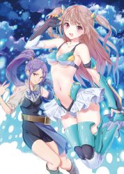 Rule 34 | 2girls, absurdres, bare shoulders, belt, bikini, bikini skirt, boots, breasts, brown hair, cloud, commentary request, elbow gloves, gloves, high ponytail, highres, kishida mel, knee boots, long hair, looking at viewer, medium breasts, multiple girls, navel, open mouth, original, purple eyes, purple hair, single sleeve, sleeves rolled up, spaghetti strap, swimsuit, thigh boots, thighhighs, two side up