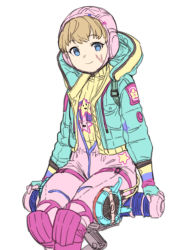 Rule 34 | 1girl, alternate costume, animification, apex legends, aqua jacket, blue eyes, brown hair, copyright request, drawstring, fingerless gloves, gloves, highres, hood, hooded jacket, houtengeki, jacket, kawaii voltage wattson, looking away, open clothes, open jacket, scar, scar on face, simple background, sitting, smile, solo, thigh strap, wattson (apex legends), white background