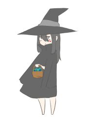 Rule 34 | 1girl, :t, absurdres, barefoot, basket, black hair, blush, cocoa fuumi, hair between eyes, halloween, hat, highres, long hair, looking at viewer, original, rinko-san (cocoa fuumi), sanpaku, simple background, solo, white background, white legwear, witch, witch hat