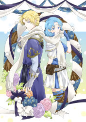 Rule 34 | 1boy, 1girl, absurdres, blonde hair, blue background, blue eyes, blue hair, blue thighhighs, brown bag, circlet, closed mouth, commentary request, eyelashes, fire emblem, fire emblem: the binding blade, flower, full body, gradient background, highres, klein (fire emblem), long scarf, looking at viewer, midori no baku, multicolored background, nintendo, pink flower, purple eyes, purple flower, scarf, short hair, thea (fire emblem), thighhighs, white background, white scarf, yellow background
