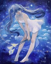 Rule 34 | 1girl, bare legs, bare shoulders, barefoot, blue eyes, blue hair, breasts, calla lily, cloud, commentary request, dress, flower, full body, highres, holding, holding flower, leaning forward, long hair, oil painting (medium), original, painting (medium), ringodrawing, sky, sleeveless, sleeveless dress, small breasts, solo, star (sky), star (symbol), starry sky, traditional media, twintails, white dress, white flower