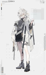 Rule 34 | 1girl, :|, absurdres, ahoge, artist name, asymmetrical bangs, bare legs, black shorts, body writing, braid, bright pupils, closed mouth, coat, collared vest, coordinates, english text, expressionless, eyes visible through hair, full body, grey background, grey footwear, grey vest, hair between eyes, hair ornament, hairclip, hand up, highres, long sleeves, looking at viewer, medium hair, original, platform footwear, shorts, solo, standing, strap, toriki, twitter username, vest, watermark, white coat, white hair, white pupils, yellow eyes
