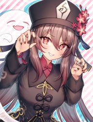 Rule 34 | 1girl, bead bracelet, beads, black nails, blush, bracelet, breasts, brown hair, claw pose, closed eyes, fang, flower, genshin impact, ghost, hat, highres, hu tao (genshin impact), jewelry, long sleeves, looking at viewer, mirukurim, nail polish, open mouth, red eyes, ring, solo, symbol-shaped pupils, upper body
