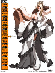Rule 34 | 1girl, alternate costume, alternate hairstyle, bare shoulders, beehive hairdo, blonde hair, boots, breasts, cleavage, corset, dress, elbow gloves, falcoon, fur, gloves, knee boots, large breasts, long dress, mature (kof), pantyhose, side slit, snk, solo, the king of fighters