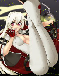 Rule 34 | 1girl, ahoge, ankh, arc system works, ass, ball and chain restraint, belt, blush, bodysuit, breasts, candy, spiked halo, crossed ankles, food, gloves, grin, guilty gear, guilty gear xrd, guilty gear xrd: revelator, halo, highres, jack-o&#039; valentine, jewelry, legs, legs up, lis van piece, lollipop, long hair, looking at viewer, lying, mask, unworn mask, multicolored hair, necklace, no bra, on back, platinum blonde hair, red eyes, red hair, smile, solo, two-tone hair, white hair