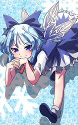 Rule 34 | 1girl, ahodemoaru, blue background, blue bow, blue dress, blue eyes, blue footwear, blue hair, bow, cirno, closed mouth, commentary request, detached sleeves, dress, hair bow, hair intakes, highres, ice, ice wings, interlocked fingers, one-hour drawing challenge, short hair, short sleeves, smile, snowflakes, solo, touhou, wings