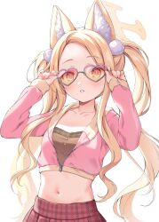 Rule 34 | 1girl, alternate costume, alternate hairstyle, animal ear fluff, animal ears, blonde hair, blue archive, blush, breasts, bright pupils, collarbone, commentary, crop top, cropped jacket, forehead, fox ears, halo, heart, heart-shaped eyewear, highres, jacket, long hair, looking at viewer, midriff, mikeneko mari, nail polish, navel, orange eyes, parted bangs, parted lips, partially unzipped, pink jacket, pink nails, plaid, plaid skirt, red skirt, seia (blue archive), simple background, skirt, slit pupils, small breasts, solo, stomach, teeth, tinted eyewear, twintails, upper body, very long hair, white background, white pupils, yellow eyes