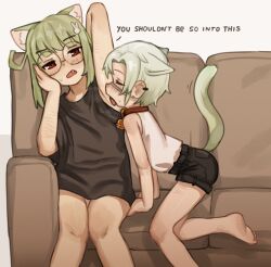 1boy 1girl animal_ear_fluff animal_ears barefoot bell black_shirt black_shorts brother_and_sister cat_boy cat_ears cat_girl cat_tail closed_eyes collar commentary couch ear_piercing english_commentary english_text green_hair hetero highres incest jingle_bell licking licking_armpit neck_bell on_couch open_mouth original piercing red_collar red_eyes round_eyewear shirt short_hair short_shorts shorts siblings sitting sleeveless sleeveless_shirt syrupmelty tail white_shirt