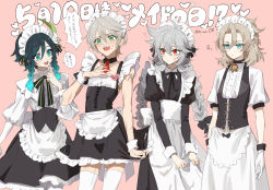 Rule 34 | 4boys, :d, ?, albedo (genshin impact), alternate costume, androgynous, apron, aqua eyes, aqua hair, back bow, bandaid, bandaid on face, bandaid on nose, bare shoulders, bennett (genshin impact), black bow, black bowtie, black corset, black dress, black hair, black vest, blush, bow, bowtie, braid, closed mouth, collarbone, collared dress, commentary request, corset, cowboy shot, cross-laced clothes, crossdressing, detached collar, dress, embarrassed, enmaided, expressionless, eyelashes, flower, frilled apron, frilled dress, frilled sleeves, frills, genshin impact, gloves, gradient hair, green eyes, green hair, grey hair, hair between eyes, hair bow, hair flower, hair ornament, hand up, highres, juliet sleeves, light brown hair, long hair, long sleeves, looking at another, looking to the side, maid, maid apron, maid headdress, male focus, medium hair, multicolored hair, multiple boys, open mouth, parted bangs, pink background, puffy short sleeves, puffy sleeves, razor (genshin impact), red eyes, short hair, short hair with long locks, short sleeves, side braids, sidelocks, simple background, sleeveless, sleeveless dress, smile, speech bubble, standing, sweatdrop, tamaon, teeth, thighhighs, translation request, trap, twin braids, twintails, two-tone dress, upper teeth only, venti (genshin impact), very long hair, vest, vision (genshin impact), waist apron, white apron, white bow, white dress, white flower, white gloves, white headwear, white thighhighs, wing collar, wrist cuffs