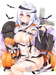Rule 34 | 1girl, ahoge, bandages, bat (animal), breasts, cleavage, convenient censoring, cu-no, food, hisen kaede, holding pumpkin, holding vegetable, large breasts, long hair, looking at viewer, naked bandage, pumpkin, rapua qive, silver hair, sitting, solo, tombstone, white background