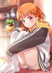 Rule 34 | 1girl, ahoge, blurry, blurry background, blush, braid, clover hair ornament, crossed legs, hair ornament, highres, holding, hood, indoors, inou shin, long sleeves, looking at viewer, love live!, love live! sunshine!!, open mouth, orange hair, red eyes, ribbon, short hair, short shorts, shorts, side braid, sitting, solo, takami chika, thighhighs, white thighhighs, yellow ribbon