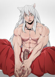 Rule 34 | 1boy, animal ears, barefoot, blush, erection, highres, inuyasha, inuyasha (character), jewelry, long hair, male focus, necklace, nipples, penis, simple background, sitting, solo, suyohara, topless male, white hair, yellow eyes