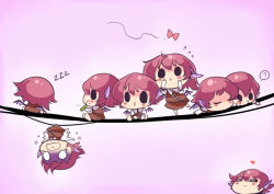 Rule 34 | 6+girls, = =, ?, animal ears, blush, blush stickers, brown dress, bug, butterfly, chibi, clone, dress, ear piercing, earrings, eating, female focus, flapping, heart, bug, jewelry, lying, multiple girls, multiple persona, mystia lorelei, on stomach, open mouth, piercing, pink hair, power lines, reaching, short hair, sitting, sleeping, standing, standing on one leg, tears, touhou, upside-down, wings, yetworldview kaze, zzz