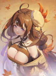 Rule 34 | 1girl, absurdres, ahoge, autumn leaves, bare shoulders, black panties, black ribbon, blush, breasts, brown coat, brown hair, cleavage, cleavage cutout, clothing cutout, coat, collarbone, falling leaves, from above, hair ornament, hair ribbon, hairclip, heart, heart hair ornament, highres, large breasts, leaf, long hair, long sleeves, looking at viewer, looking up, low twintails, navel, o-ring, off shoulder, open clothes, open coat, original, panties, parted lips, pekakiu, purple eyes, ribbon, solo, tilted headwear, twintails, underwear, upper body, very long hair, white headwear