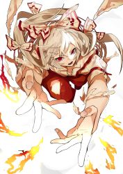 Rule 34 | 1girl, bow, collared shirt, dress shirt, fujiwara no mokou, hair bow, highres, ikurauni, long hair, looking at viewer, open mouth, outstretched arms, outstretched hand, pants, print bow, red eyes, red pants, shirt, short sleeves, solo, suspenders, touhou, v-shaped eyebrows, white bow, white hair, white shirt