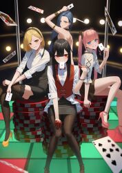 Rule 34 | 4girls, arm up, armlet, black dress, black footwear, black hair, black pantyhose, black skirt, black thighhighs, blue eyes, blue hair, blunt bangs, bow, bowtie, breasts, card, card in mouth, clover hair ornament, club (shape), diamond (shape), dmm, dmm scratch, dress, earrings, enokawa kokoro (hara kenshi), facial mark, feet out of frame, gloves, gold bracelet, grin, hair ornament, halter dress, halterneck, hand in own hair, hand on own thigh, hand up, hara kenshi, heart, high heels, highres, holding, holding card, jewelry, kimishima touka, kunitomi ryouka, kuroba mitsuha, large breasts, long hair, looking at viewer, medium breasts, mouth hold, multiple girls, original, pantyhose, parted lips, pencil skirt, pink footwear, pink hair, playing card, poker chip, red bow, red bowtie, red eyes, red footwear, red gloves, red vest, shirt, short hair, side slit, sidelocks, sitting, skirt, smile, spade (shape), teeth, thighhighs, twintails, vest, white shirt, yellow eyes