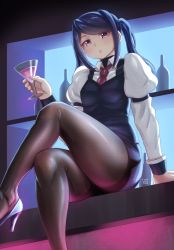Rule 34 | 1girl, bar (place), bartender, black footwear, black hair, blouse, breasts, brown pantyhose, cocktail, cocktail glass, crossed legs, cup, cyberpunk, drinking glass, feet out of frame, finalcake, fingernails, high heels, highres, jill stingray, juliet sleeves, legs, pantyhose under shorts, long legs, long sleeves, looking at viewer, medium hair, necktie, on table, pantyhose, pencil skirt, puckered lips, puffy sleeves, purple eyes, red necktie, see-through, see-through legwear, shirt, shorts, shorts under skirt, side slit, sitting, skirt, small breasts, solo, swept bangs, table, thighs, turtleneck, va-11 hall-a, waistcoat, white shirt