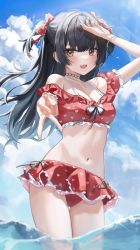 Rule 34 | 1girl, :d, absurdres, arm up, bikini, black hair, blue sky, blush, breasts, cloud, fang, frilled bikini, frills, gyaru v, highres, idolmaster, idolmaster shiny colors, lens flare, looking at viewer, mayuzumi fuyuko, navel, off-shoulder bikini, off shoulder, open mouth, outdoors, partially submerged, red bikini, riko (rik0ring), skin fang, sky, small breasts, smile, solo, swimsuit, thigh gap, two side up, v, water drop