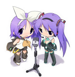 Rule 34 | 2girls, chibi, cosplay, hatsune miku, hatsune miku (cosplay), hiiragi kagami, hiiragi tsukasa, kagamine rin, kagamine rin (cosplay), kuroba u, long hair, lucky star, microphone, microphone stand, multiple girls, sisters, standing, thighhighs, twins, twintails, very long hair, vocaloid