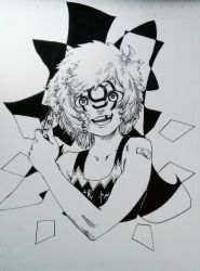 Rule 34 | 1girl, bandage on face, bandages, bandaid, bandaid on arm, bow, circled 9, cirno, collarbone, flat chest, hair bow, highres, marker, messy hair, missing tooth, monochrome, nib pen (medium), one-hour drawing challenge, open mouth, sendai (nazonomono), smile, solo, touhou, traditional media