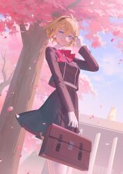 Rule 34 | 1girl, absurdres, aegis (persona), android, banned artist, blonde hair, blue eyes, bow, cherry blossoms, commentary, deme (karesuki), english commentary, gekkoukan high school uniform, gloves, hair behind ear, hair between eyes, hairband, highres, looking at viewer, mixed-language commentary, persona, persona 3, red bow, robot ears, school uniform, skirt, smile, solo, white gloves, wind