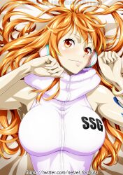 Rule 34 | 1girl, artist name, breasts, closed mouth, female focus, hooded leotard, large breasts, leotard, lips, long hair, looking at viewer, nami (one piece), nami (one piece) (egghead), nel-zel formula, one piece, smile, text focus, translation request, vest, white leotard