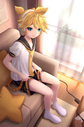 Rule 34 | 1boy, aroeruji3, bare legs, blonde hair, blue eyes, calendar (object), closed mouth, commentary request, couch, curtains, day, from above, headgear, highres, kagamine len, looking at viewer, looking up, male focus, pen, pillow, plant, potted plant, power connection, short hair, short sleeves, shorts, socks, solo, table, vocaloid, wooden floor